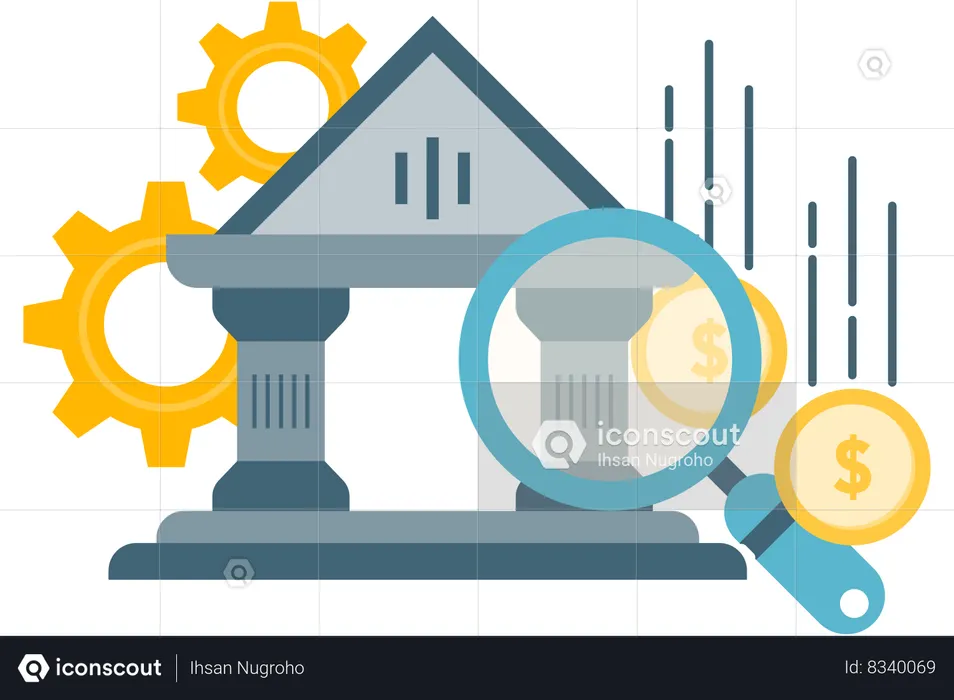 Bâtiment de banque et loupe  Illustration