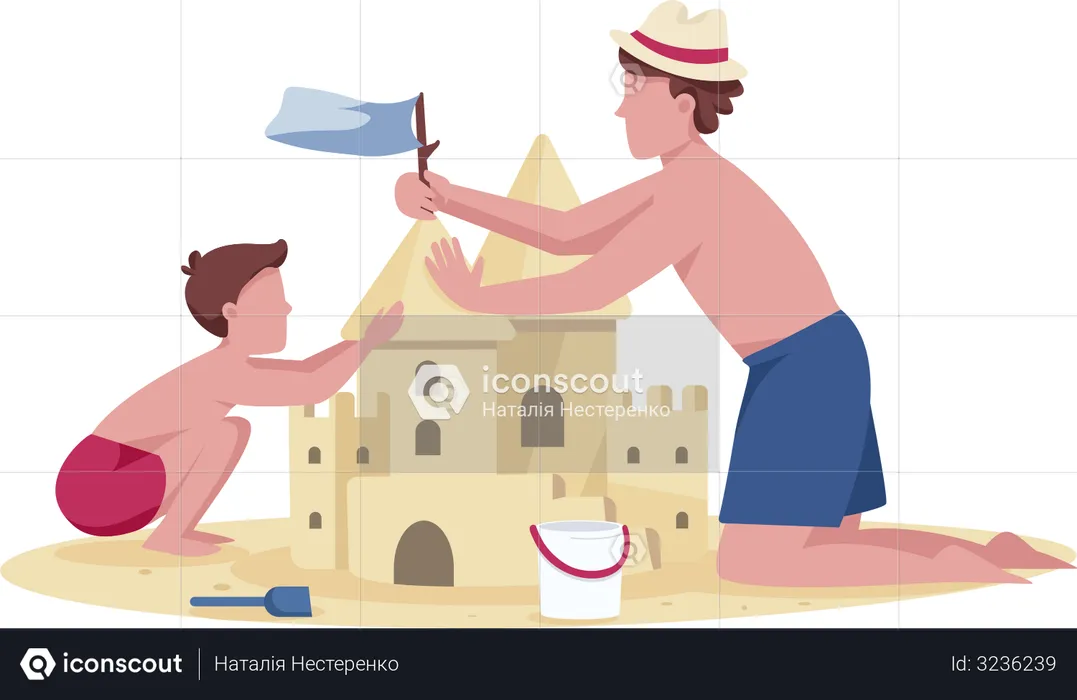 Père et fils construisant un château de sable  Illustration