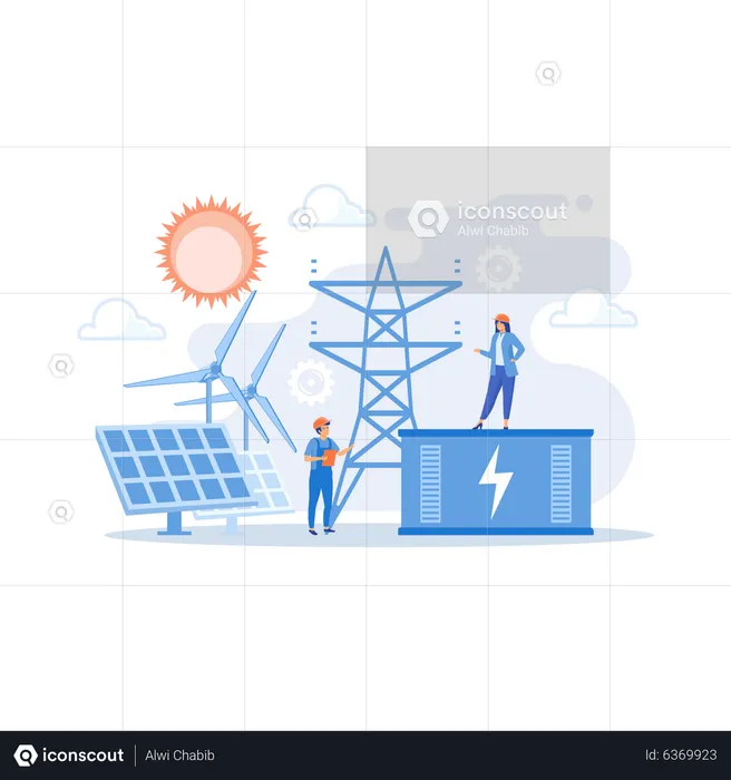 Batterie-Energiespeicher aus erneuerbaren Solar- und Windkraftwerken  Illustration