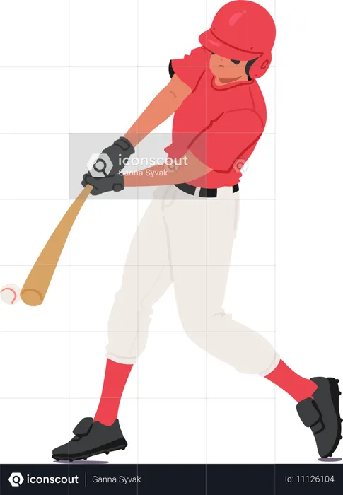 Personnage de joueur de baseball en uniforme rouge et blanc, balançant une batte en bois pour frapper une balle de baseball  Illustration