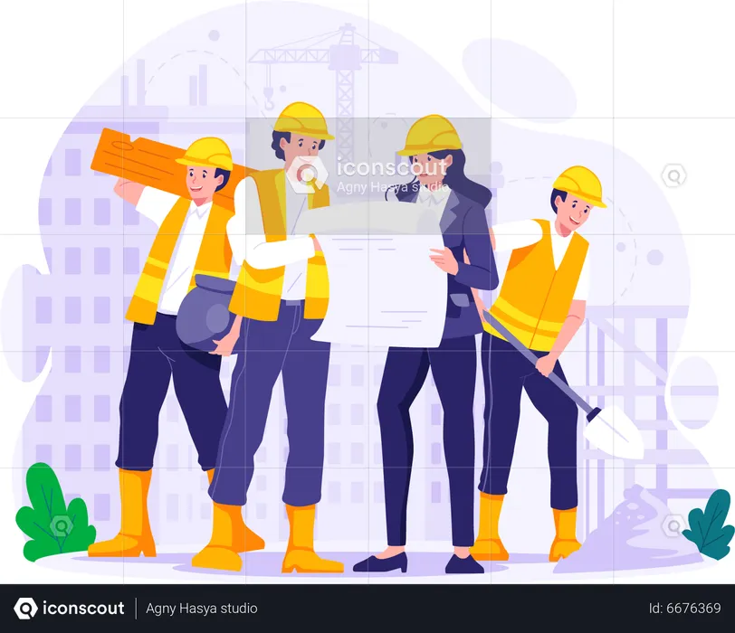 Bauarbeiter arbeiten zusammen, um ein Gebäude zu bauen  Illustration
