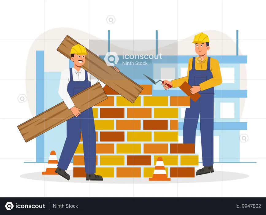 Bauarbeiter bei der Arbeit auf der Baustelle  Illustration