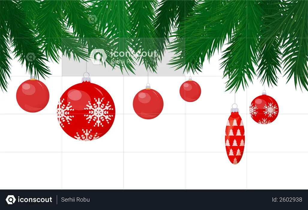 Baubles and Cone Toy Hanging on Christmas Tree  Illustration