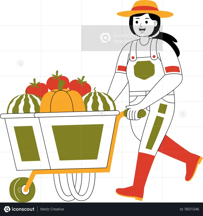 Bäuerin trägt Früchte mit Trolley  Illustration