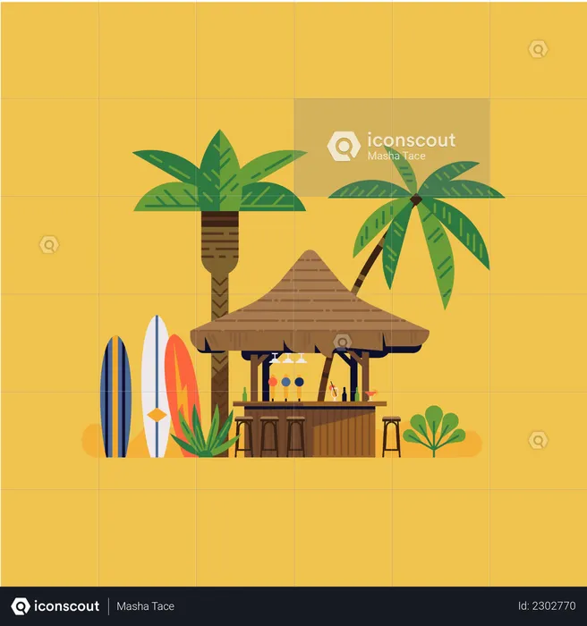 Beach bar and surfing boats  Illustration