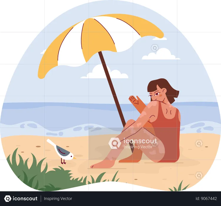 Beach girl sitting at beach under beach umbrella  Illustration