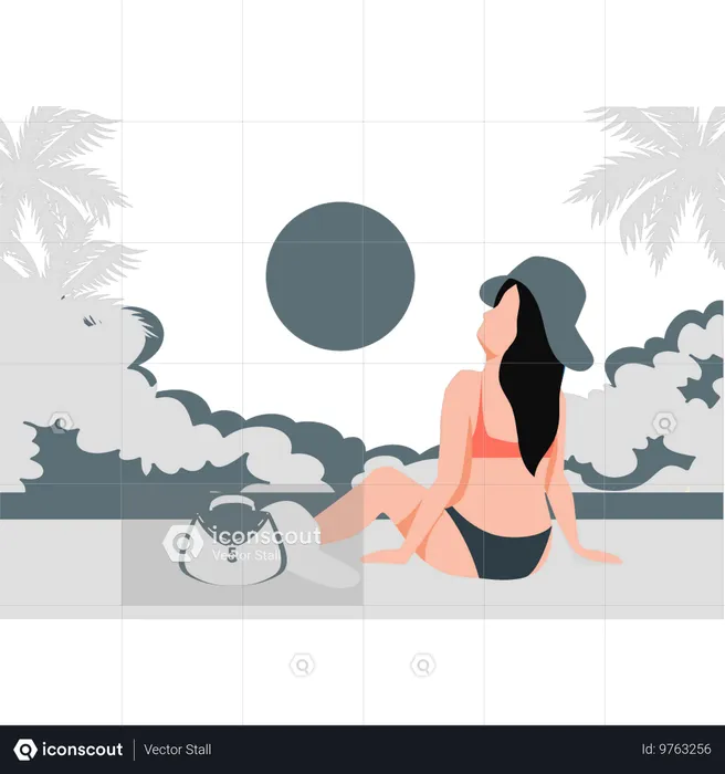 暑さの中でビーチに座るビーチガール  イラスト
