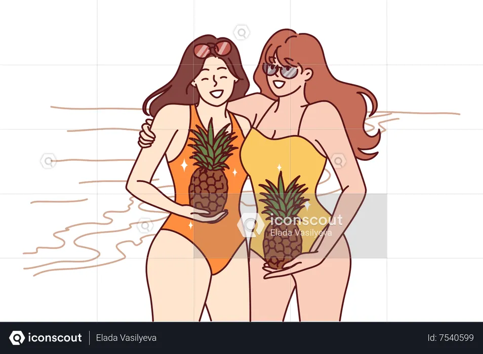 Beach girls holding pineapple  Illustration