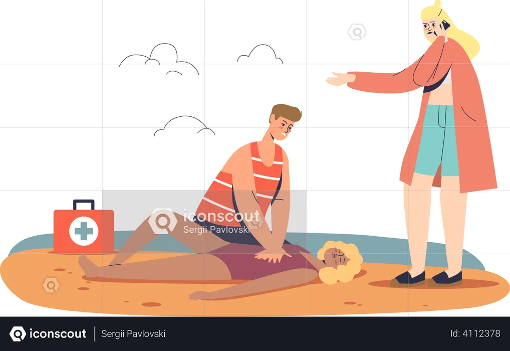 Beach lifeguard giving first aid to woman after drowning Illustration