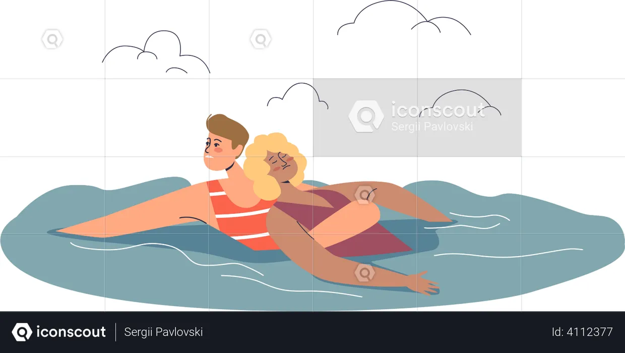 Beach lifeguard saving unconscious woman drowning in sea  Illustration