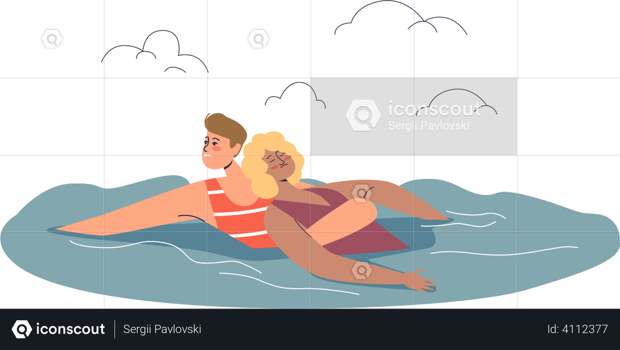 Beach lifeguard saving unconscious woman drowning in sea Illustration