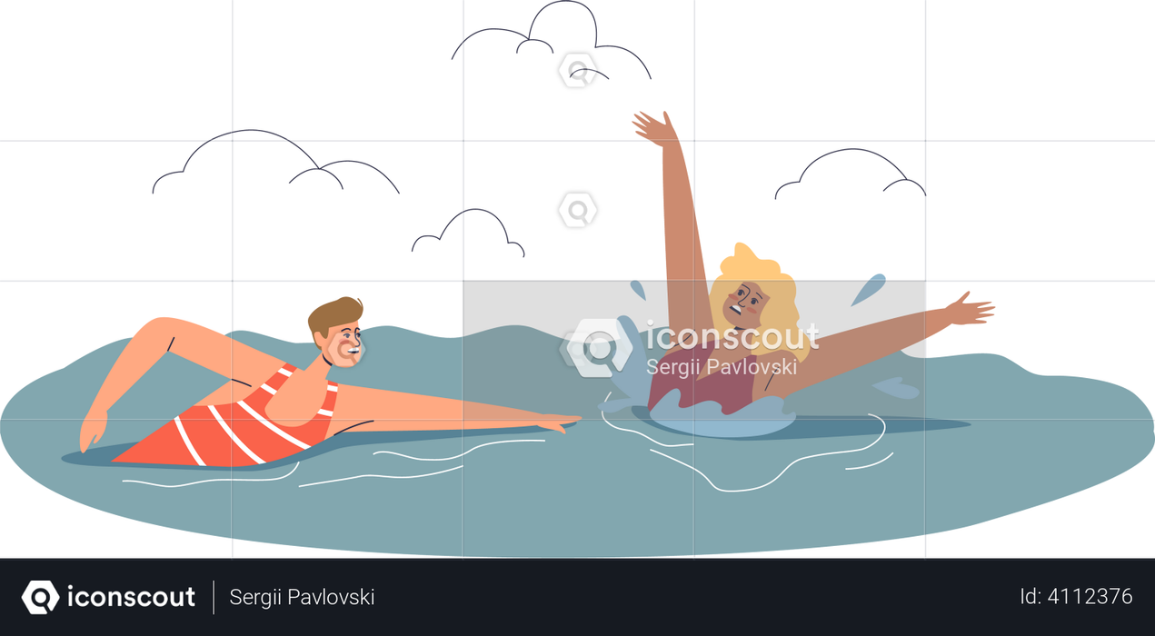 Beach lifeguard swimming towards woman drowning in sea Illustration