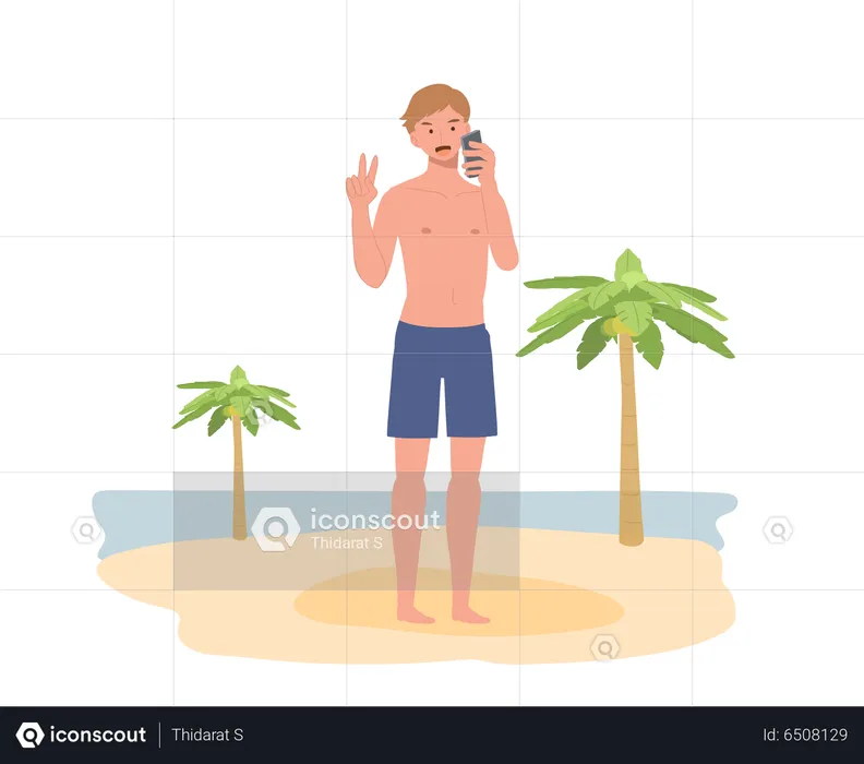 Beach man in swim suit and taking selfie with the beach background  Illustration