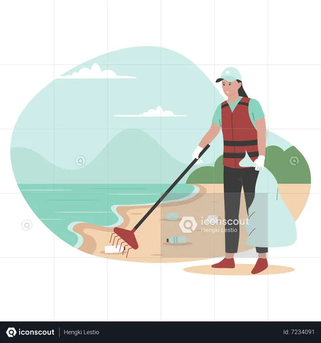 Beach workers clean up trash on beach  Illustration