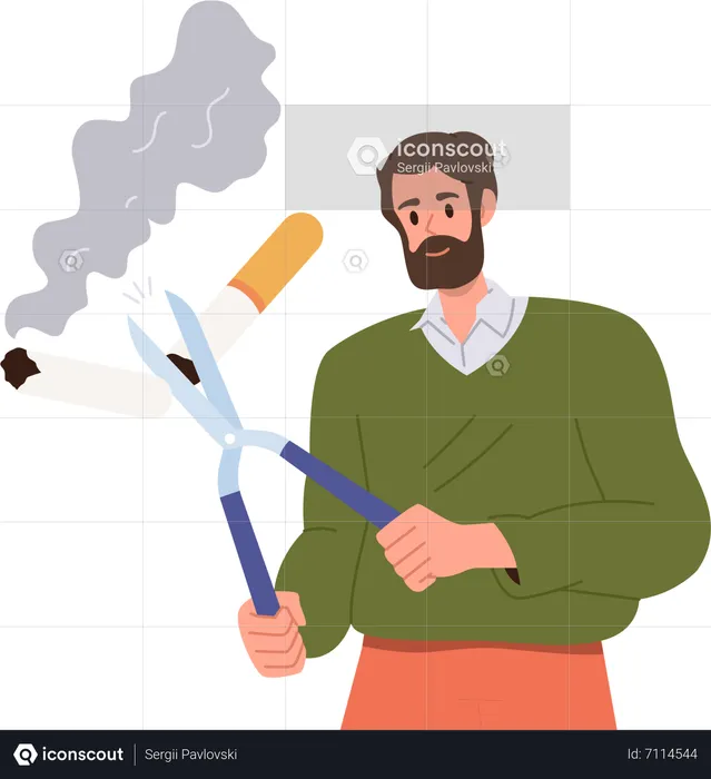 Beaded adult man cutting cigarette with scissors  Illustration