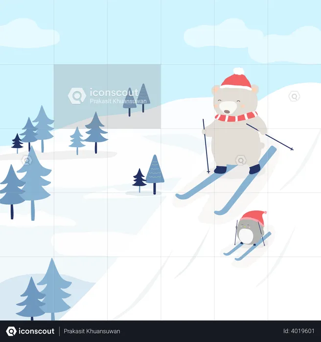 Bear and penguin skiing on the snow  Illustration