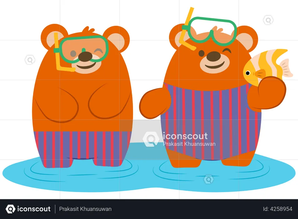 Bear couple diving in the sea  Illustration