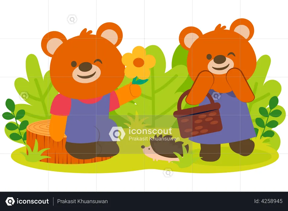 Bear couple with beautiful flower in park  Illustration