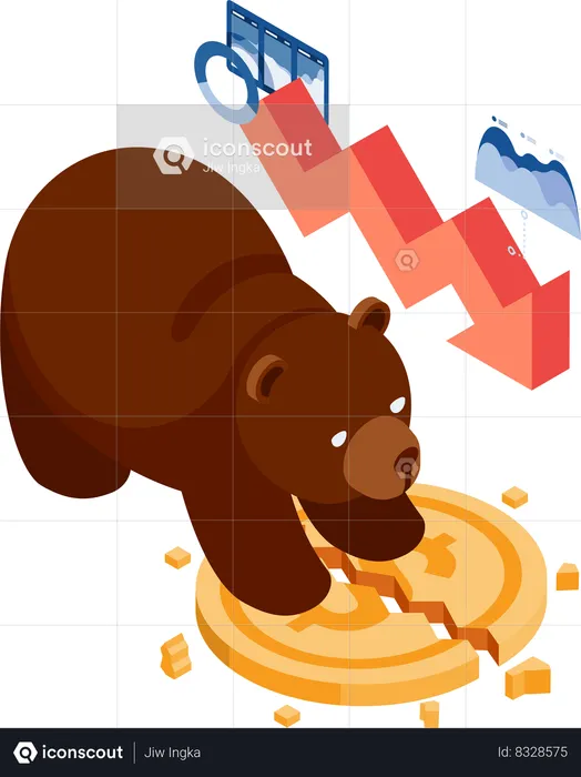 Bear Destroy Dollar Coin with Falling Graph  Illustration