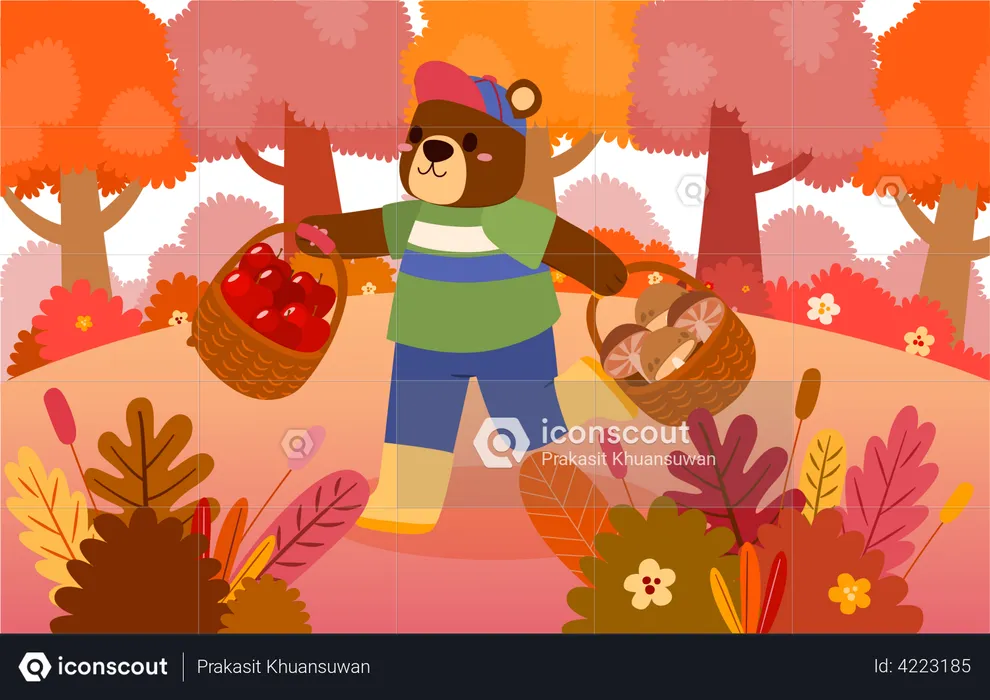 Bear holding apple and mushroom in basket  Illustration