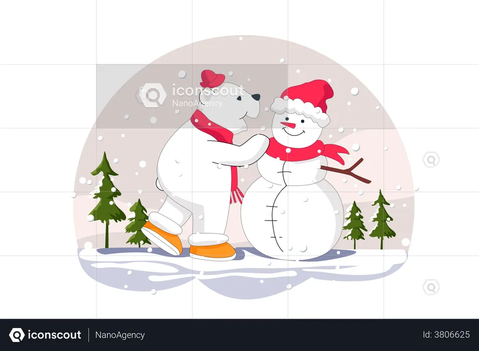 Bear standing with snowman  Illustration