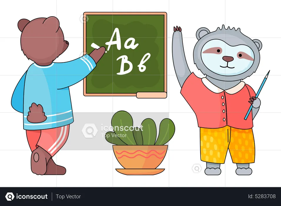 Bear writing chalk at school desk  Illustration