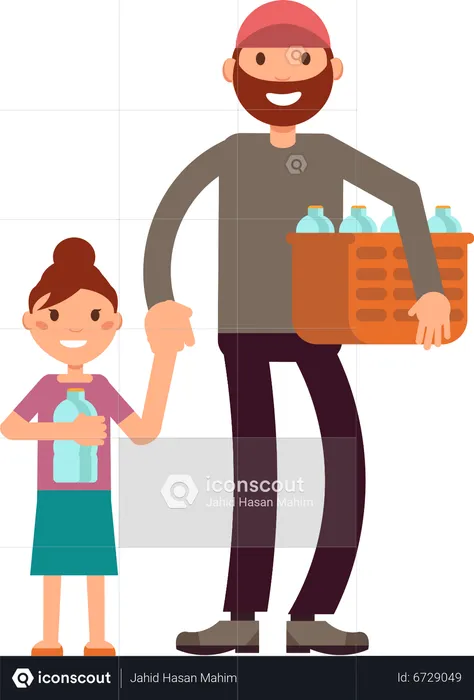 Beard man and son holding plastic bottle box  Illustration