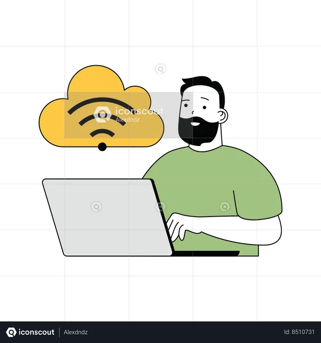 Beard man connecting wifi to cloud network  Illustration