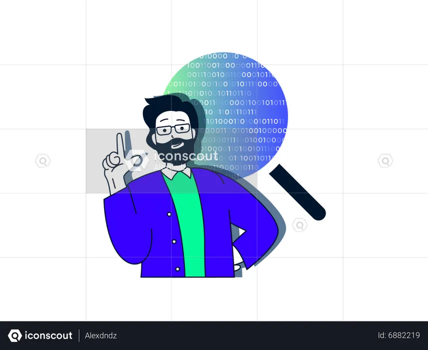 Beard man finding binary code  Illustration