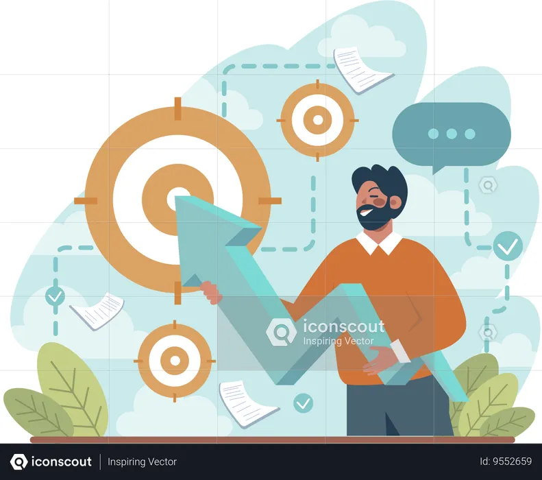 Beard man holding growth arrow with business goal  Illustration