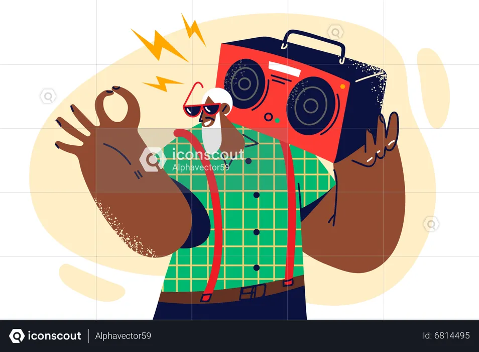 Beard man holding music system and listening music  Illustration