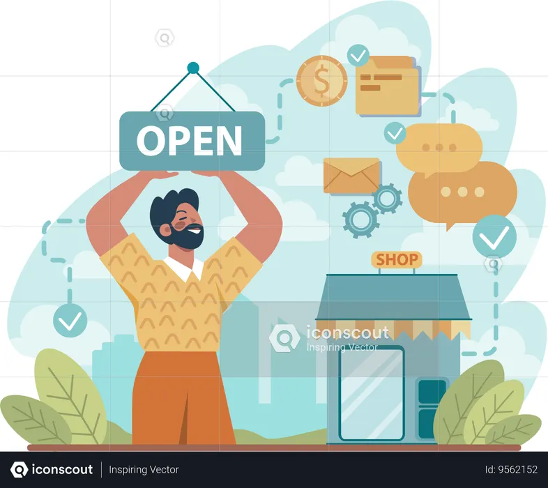 Beard man holding open board  Illustration