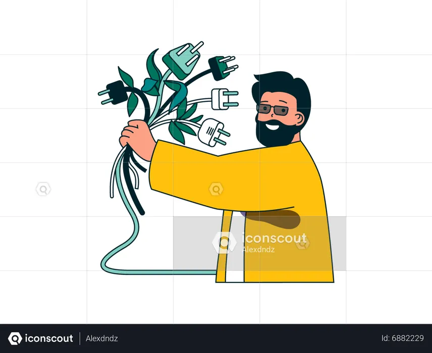 Beard man holding power plugs in hands  Illustration