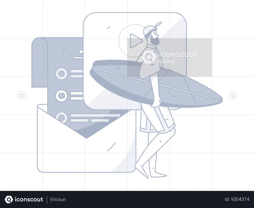 Beard man holding surfing board while thinking about task mail  Illustration