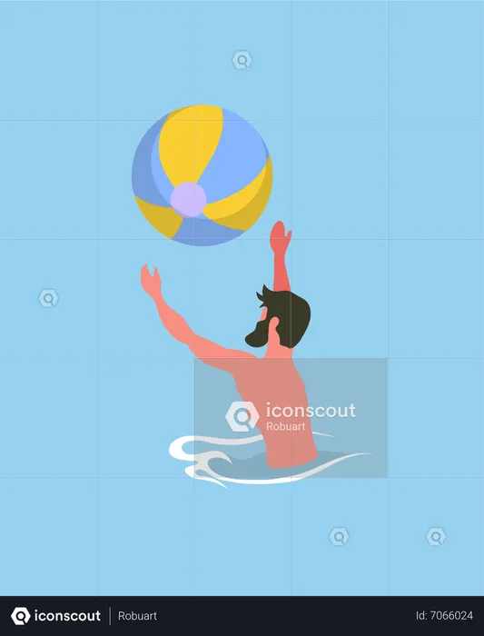 Beard man playing beach ball in ocean  Illustration