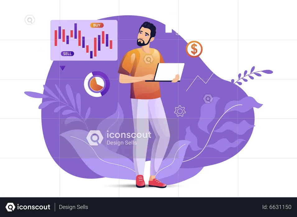Beard man research on stock market  Illustration