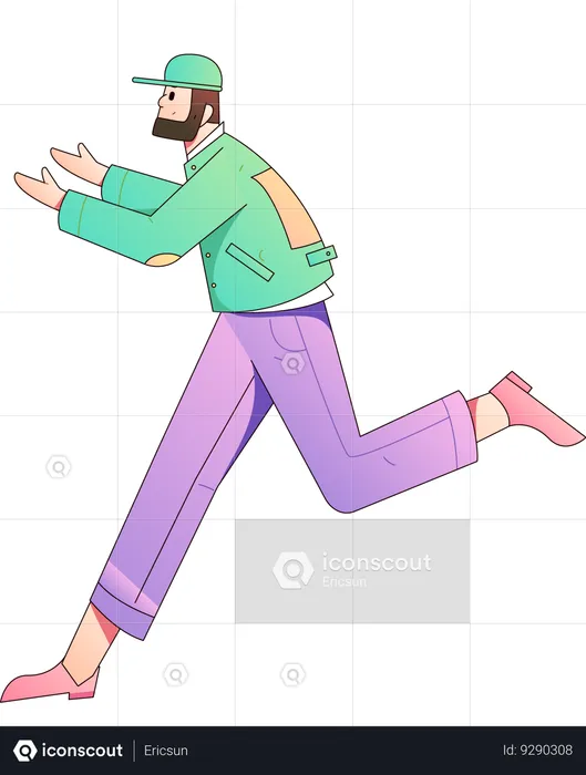 Beard man running while showing something  Illustration