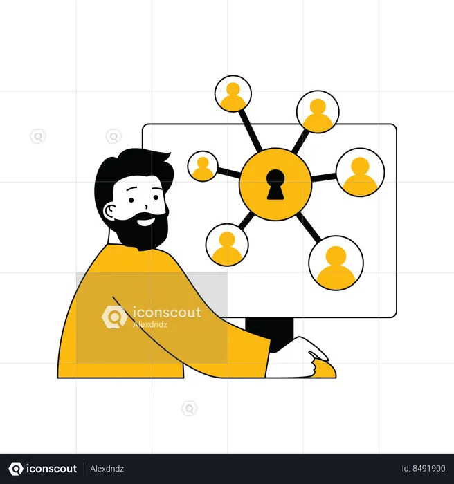 Beard man showing connected people on network  Illustration