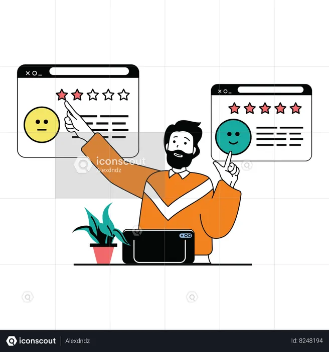 Beard man showing positive and negative review on screen  Illustration