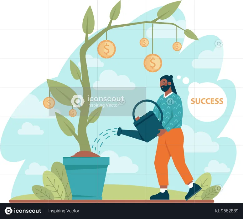 Beard man watering dollar plant  Illustration