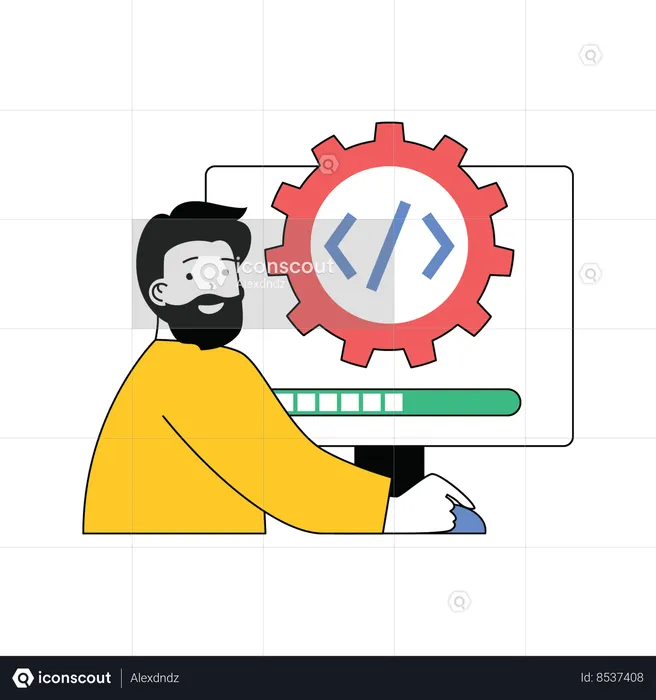 Beard professional man installing program on computer  Illustration