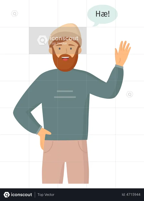 Bearded adult man in casual clothes say hello  Illustration