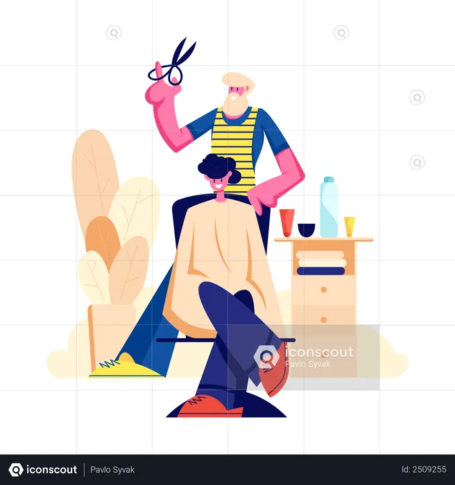 Bearded Hairdresser Barber Doing to Young Male Client Haircut in Men Beauty Salon Barbershop. Barber Shop Interior Design with Chair, Desk, Accessories and Furniture. Cartoon Flat Vector Illustration  Illustration