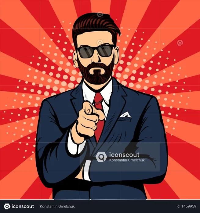 Bearded hipster businessman pointing finger pop art retro vector  Illustration