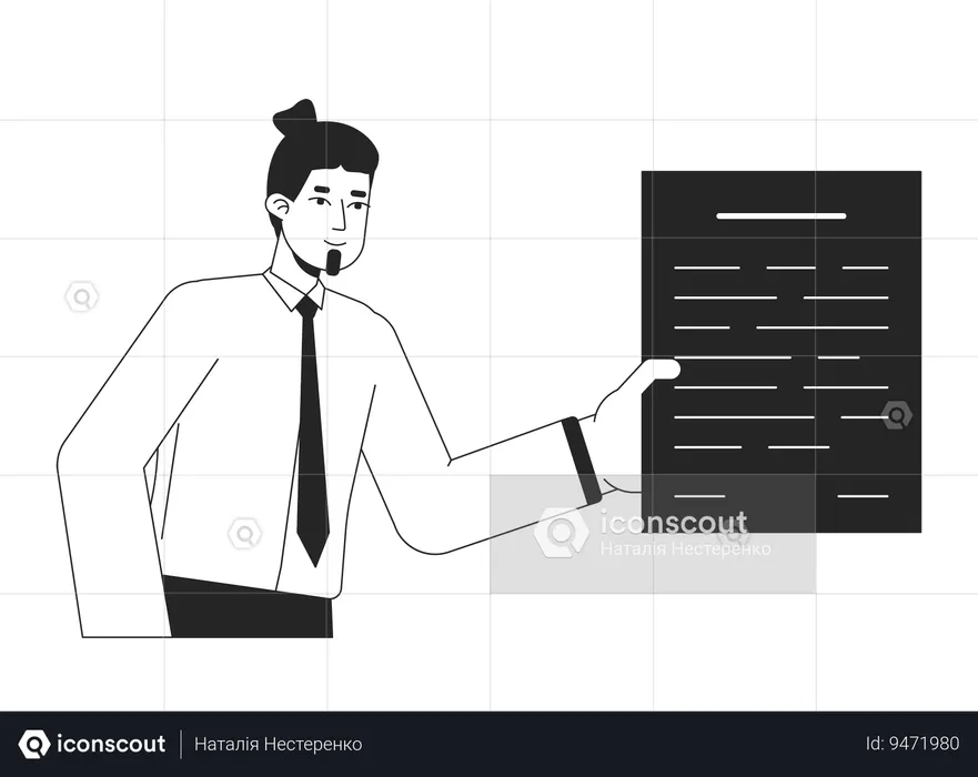 Bearded male office worker gives paperwork  Illustration