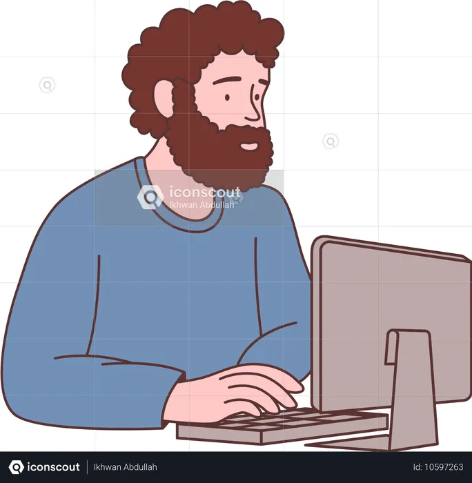 Bearded Man Freelance Employee Character Working with Computer  Illustration