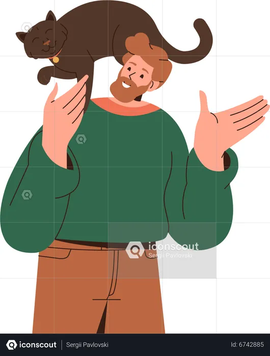 Bearded man holding cat on shoulder  Illustration