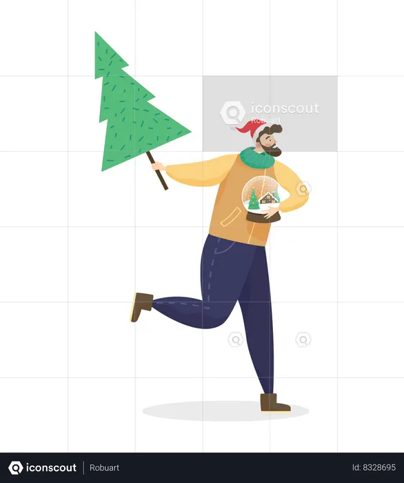 Bearded Man Holding Xmas Pine Tree  Illustration