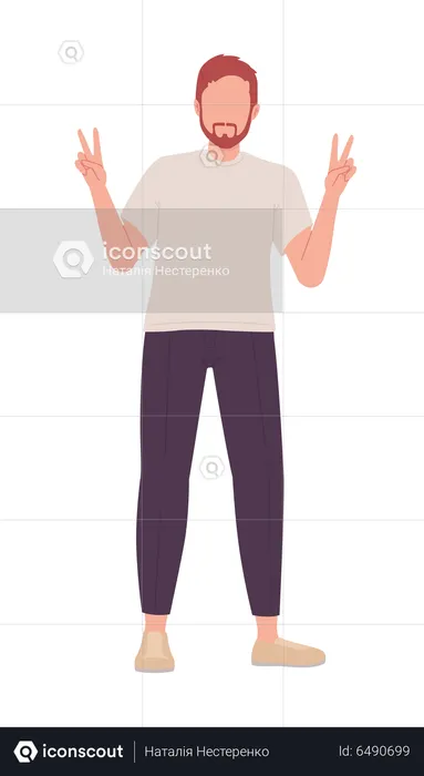 Bearded man posing with peace sign  Illustration
