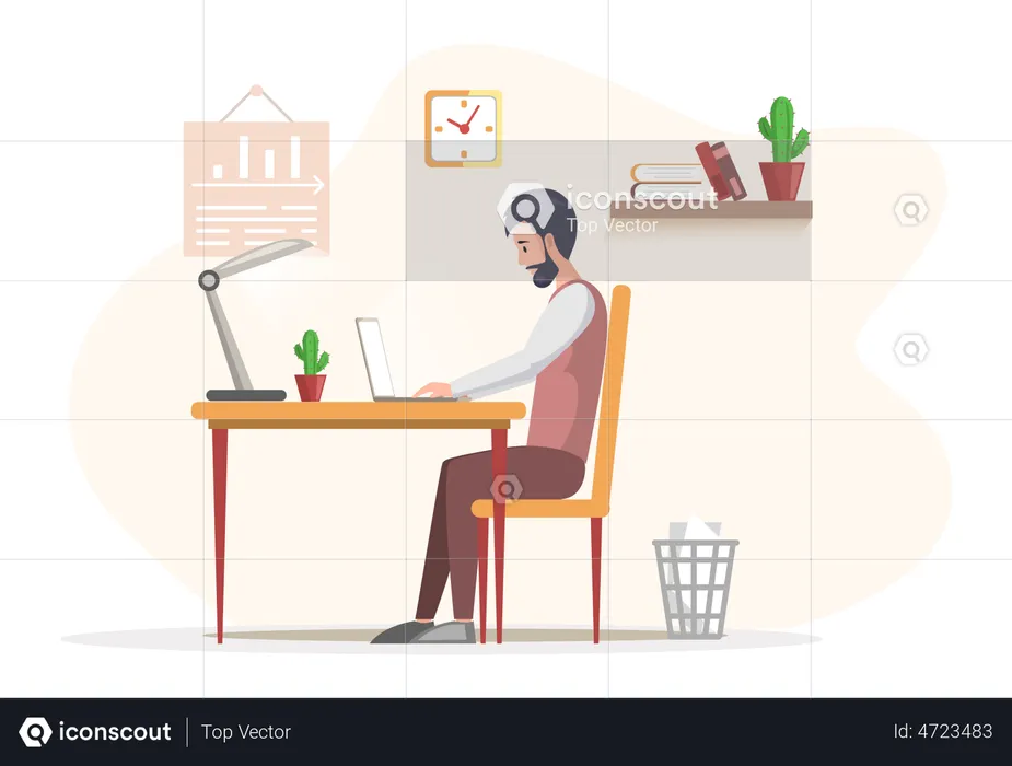 Bearded man sitting at table and working on laptop  Illustration